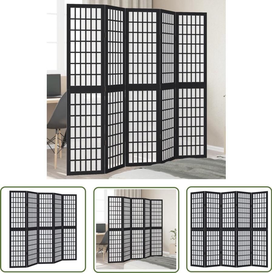 The Living Store Kamerscherm met 5 panelen massief paulowniahout zwart Kamerscherm Scheidingswand Privacy Scherm Houten Kamersscherm Paulowniahouten Schermd