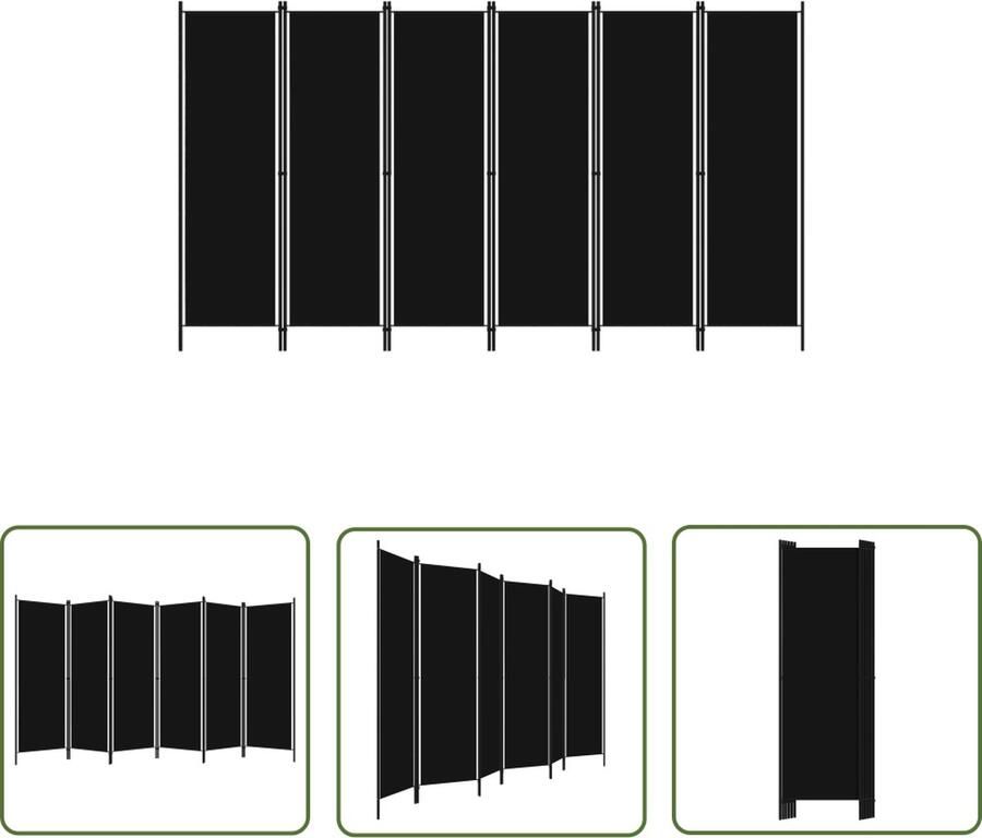 The Living Store Ruimteverdeler 6 panelen 300 x 180 cm Zwart Stof en gepoedercoat ijzer Kamerscherm Scheidingswand Privacy Screen Ruimtevuller Wanddecoratie