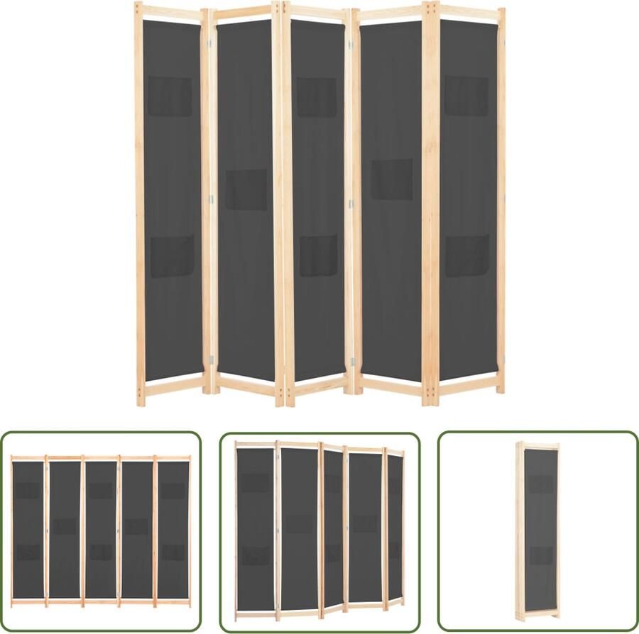 The Living Store Kamerverdeler 5 panelen grijs 200 x 170 x 4 cm houten frame en stoffen schermen Kamerverdeler Scheidingswand Privacy Screen Wandafscheider Room Divider