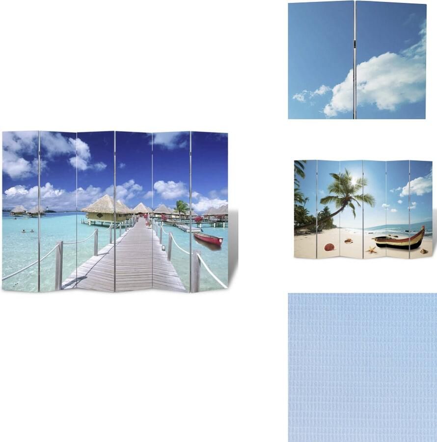 VidaXL Kamerscherm Strandopdruk 217x170 cm Dubbelzijdig bedrukt Inklapbaar Massief vurenhout frame PVC materiaal 7 kg Kamerscherm