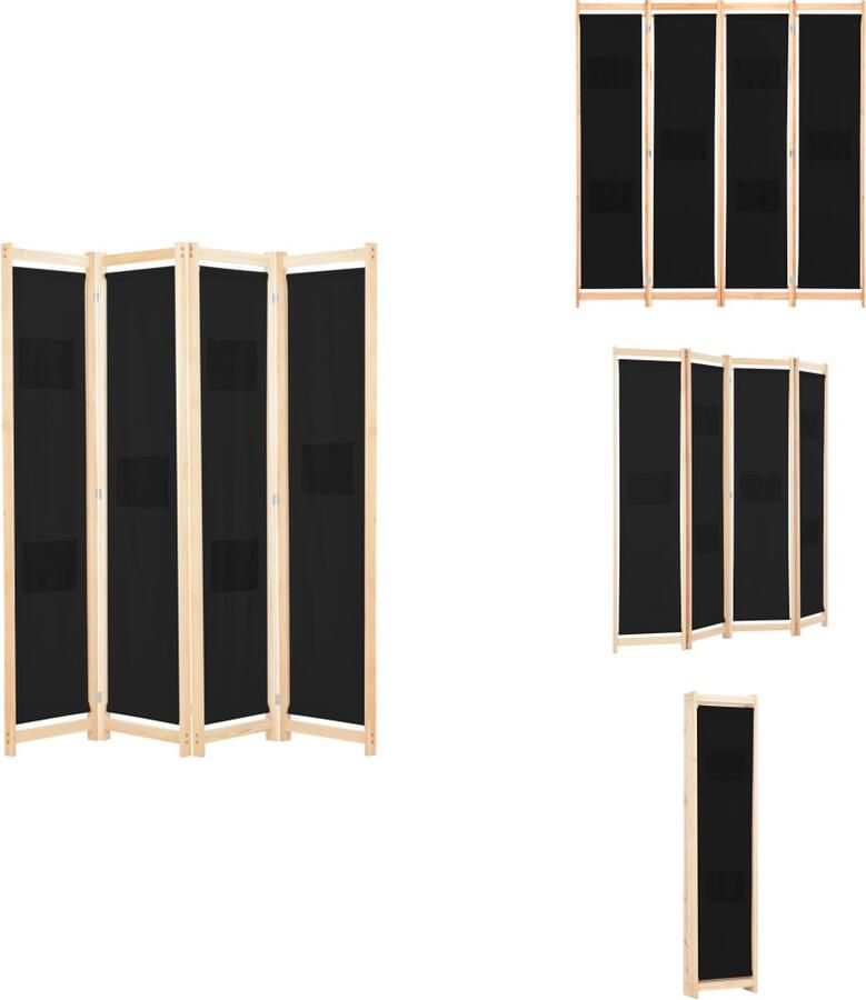 VidaXL Scheidingswand Scheidingswanden Ruimteverdeler Ruimteverdelers Kamerscherm met 4 panelen 160x170x4 cm stof zwart