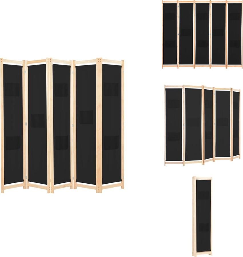 VidaXL Scheidingswand Scheidingswanden Ruimteverdeler Ruimteverdelers Kamerscherm met 5 panelen 200x170x4 cm stof zwart