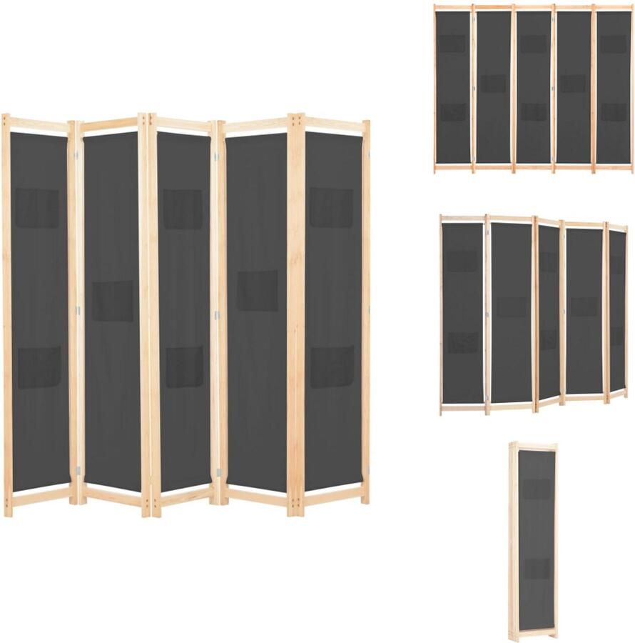 VidaXL Scheidingswand Scheidingswanden Ruimteverdeler Ruimteverdelers Kamerscherm met 5 panelen 200x170x4 cm stof grijs