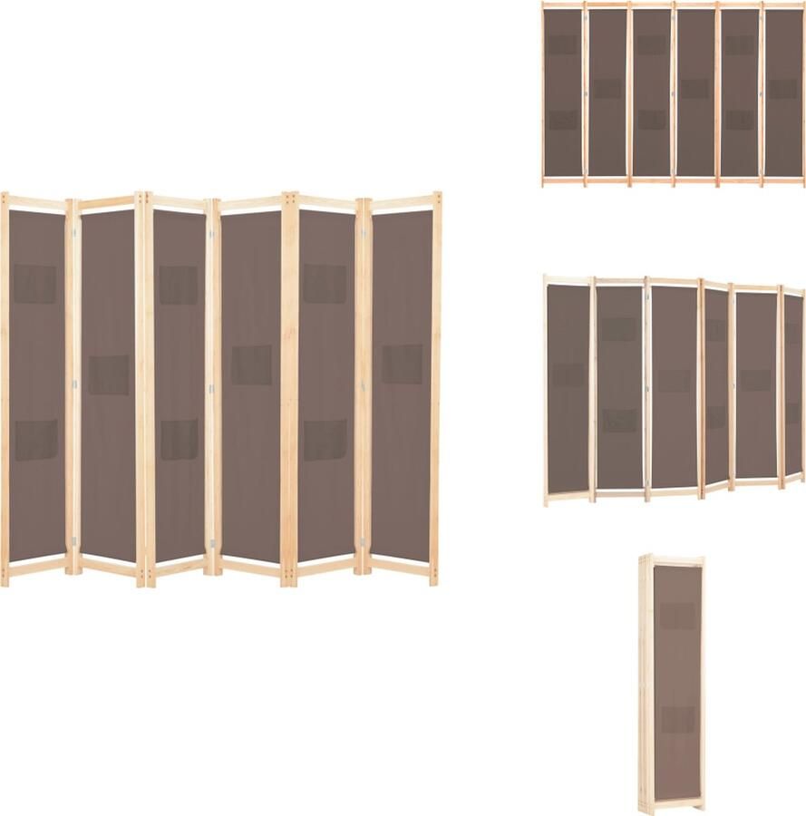 The Living Store Kamerverdeler Panelen 240 x 170 x 4 cm Met 6 panelen Bruin Stof en massief vurenhouten frame Kamerdivider Scheidingswand Room Divider Privacy Screen Meubilair
