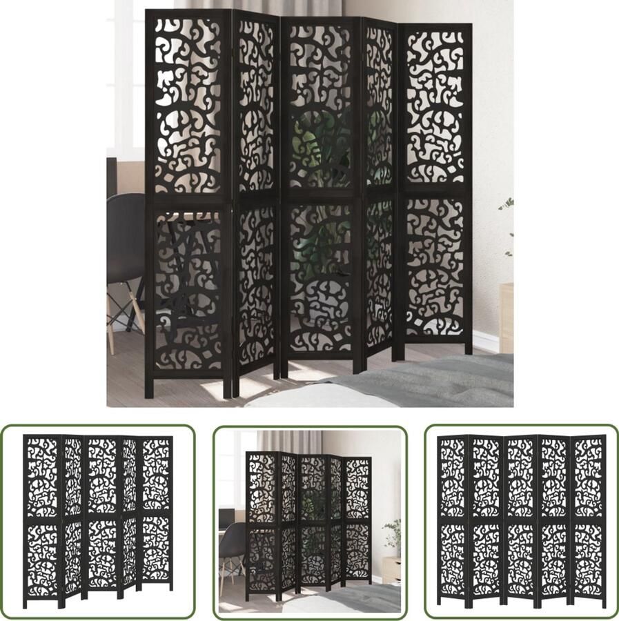 VidaXL Kamerscherm met 5 panelen massief paulowniahout zwart Kamerscherm Scherm Paulowniahout Zwarte Kamersscherm Wandafscheiding