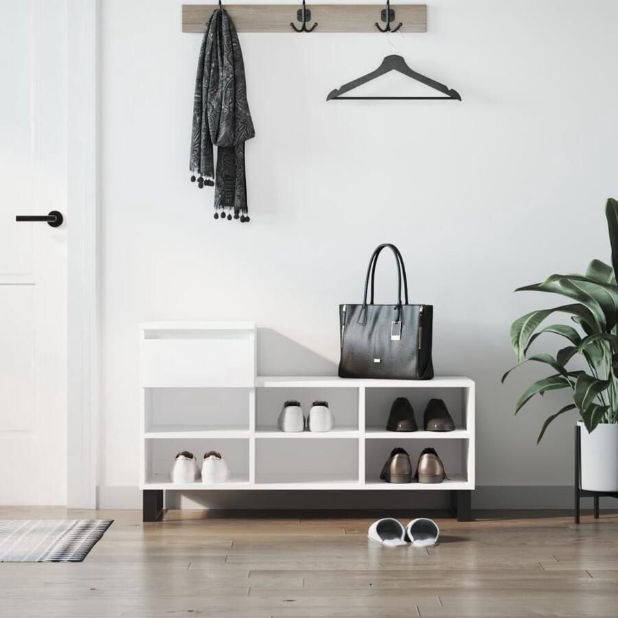 The Living Store Schoenenkast Elegant 1 lade 6 vakken 102 x 36 x 60 cm Duurzaam materiaal Flexibele installatie Metalen poten Kleur- wit Elegante Schoenenkast Schoenen Kast Schoenendoos Opbergruimte Houten Schoenenkast