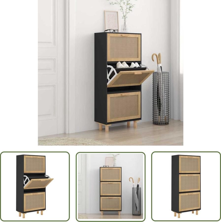 The Living Store Scandinavisch Schoenenrek 52 x 42 x 115 cm 3 lades Zwart Scandinavisch Interieur Schoenen Kast Houten Schoenen Rek Zwarte Schoenenkast Organisatorische Oplossing - Foto 2