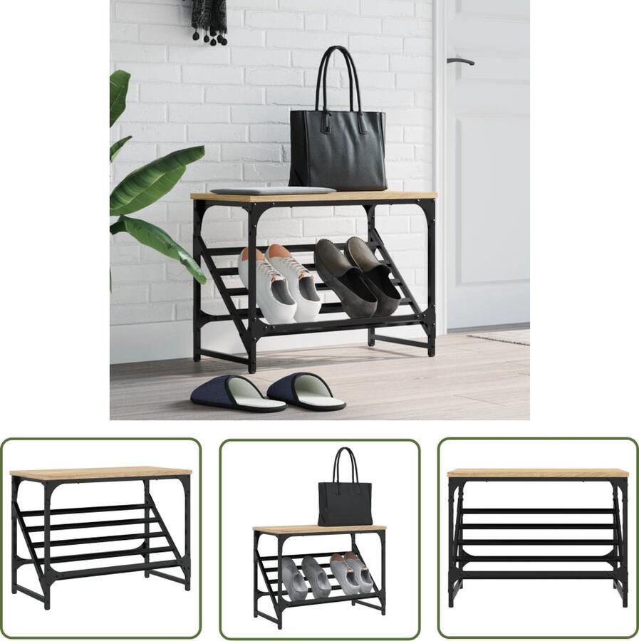 The Living Store Schoenenrek Sonoma Eiken Klassiek Ontwerp Duurzaam hout en staal Opbergruimte voor schoenen 60x30x45 cm Montage vereist Schoenenrek Schoenen Kast Eiken Meubilair Vintage Schoeisel Organizer Houten Schoenenrek