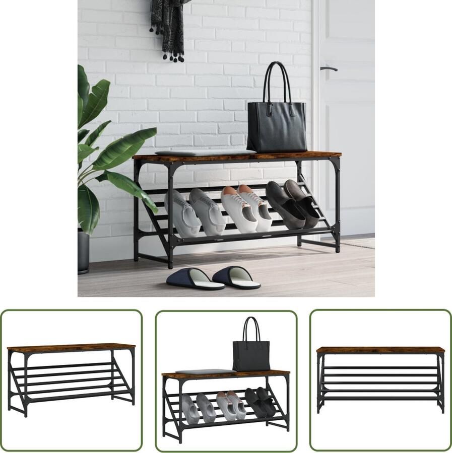 The Living Store Schoenenrek Klassiek Gerookt eiken 90 x 30 x 45 cm Duurzaam hout+staal Schoenenrek Schoenen Kast Houten Schoenenrek Vintage Schoenenrek Klassiek Schoenenrek