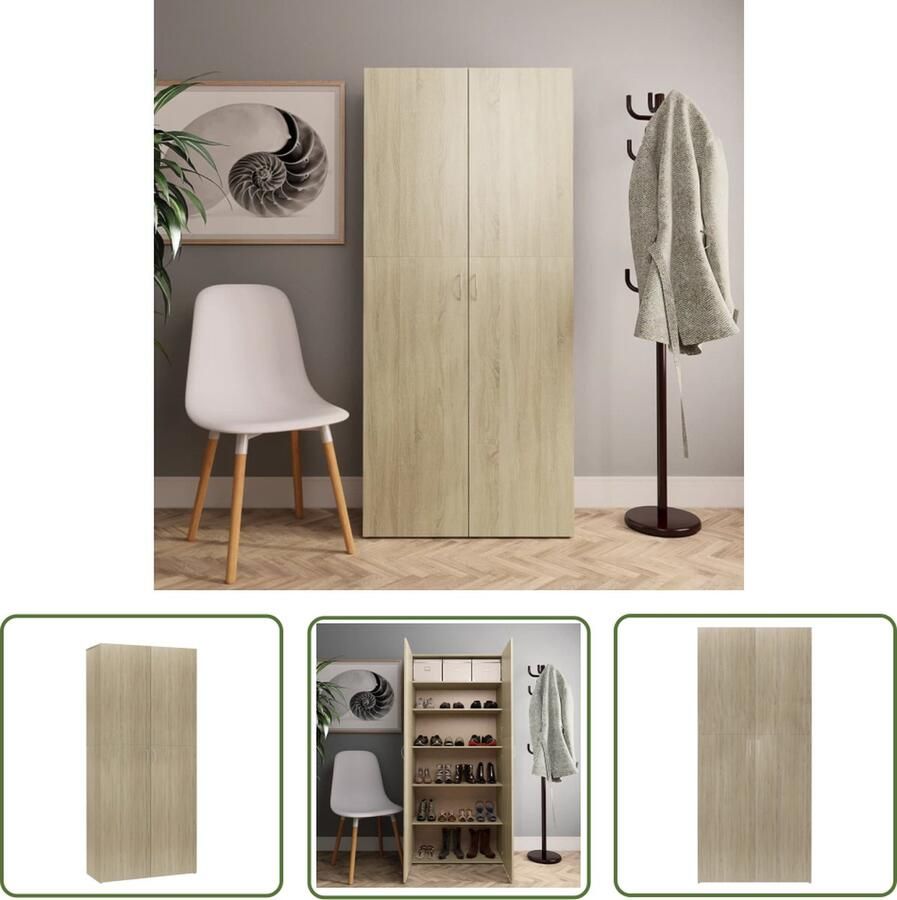 The Living Store Schoenenkast Sonoma eiken 80 x 35.5 x 180 cm 6 schappen 2 deuren Schoenenkast Schoenen Opslaan Houten Schoenenkast Sonomakleur Entree Meubilair - Foto 2
