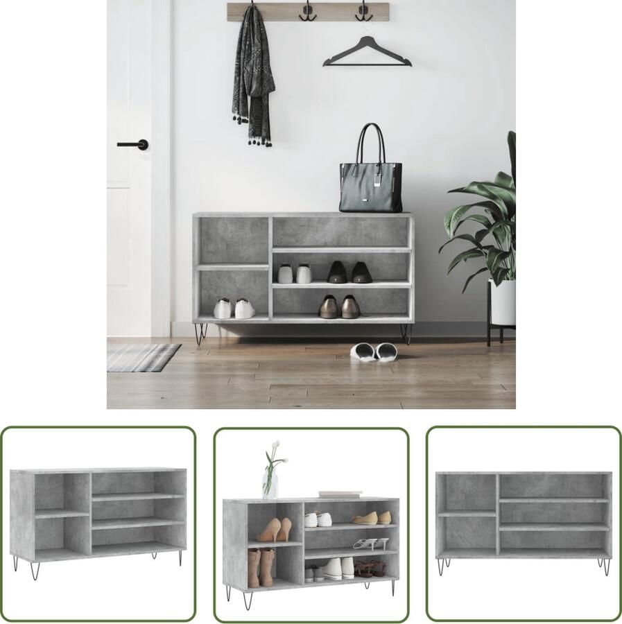 The Living Store Schoenenkast Betongrijs 102 x 36 x 60 cm Duurzaam bewerkt hout en metaal Schoenenkast Schoenen Organisatie Bergruimte Houten Schoenenkast Grijze Schoenenkast - Foto 3