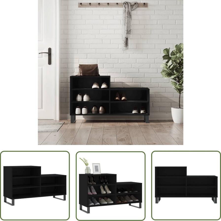 The Living Store Schoenenkast 102 x 36 x 60 cm bewerkt hout en metaal Schoenenkast Schoenen Organisatie Houten Schoenenkast Zwarte Schoenenkast Compact Schoenenkast