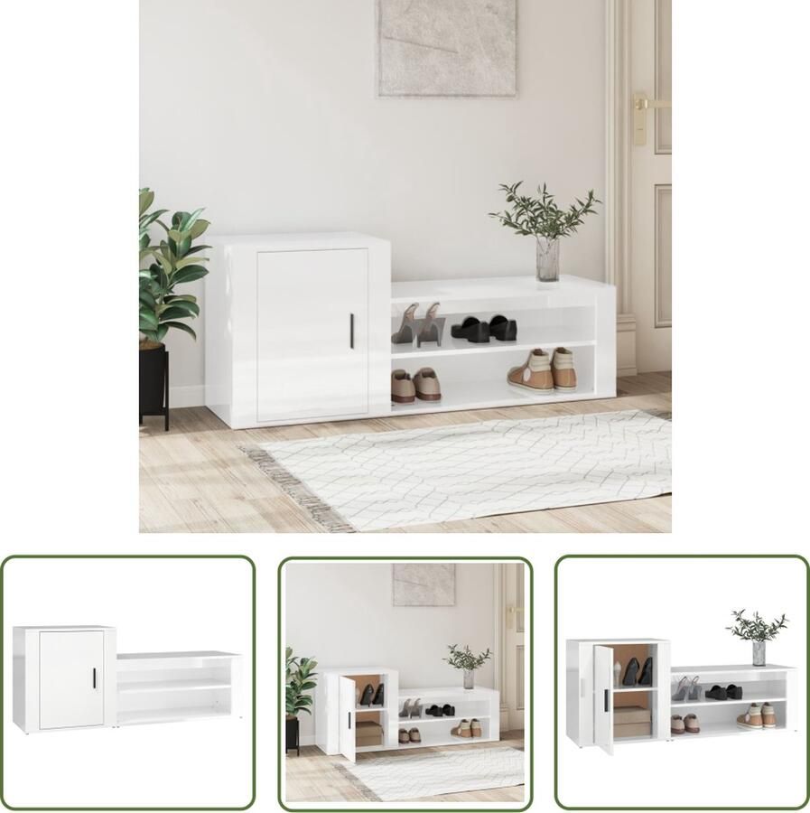 The Living Store Schoenenkast Hoogglans wit 130 x 35 x 54 cm Bewerkt hout Schoenenkast Schoenen Organisatie Witte Schoenenkast Houten Schoenenkast Bergruimte - Foto 2