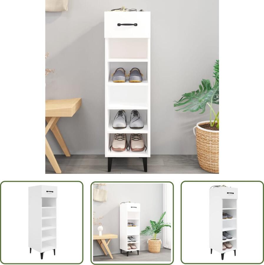 The Living Store Schoenenkast 30x35x105 cm bewerkt hout hoogglans wit Schoenenkast Schoenen Organisatie Houten Schoenenkast Wit Schoenenkast Compact Schoenenkast - Foto 2