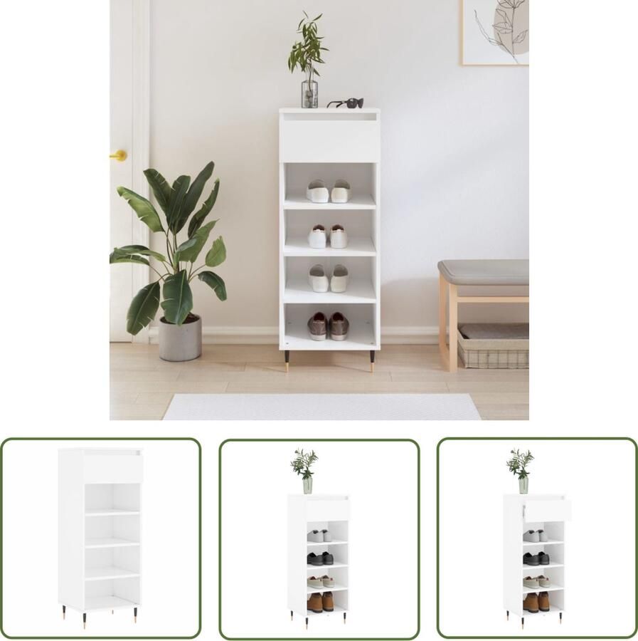The Living Store Schoenenkast Hoogglans wit 40x36x105cm Bewerkt hout en metaal Schoenenkast Schoenen Organisatie Witte Schoenenkast Houten Schoenenkast Schoenen Rek
