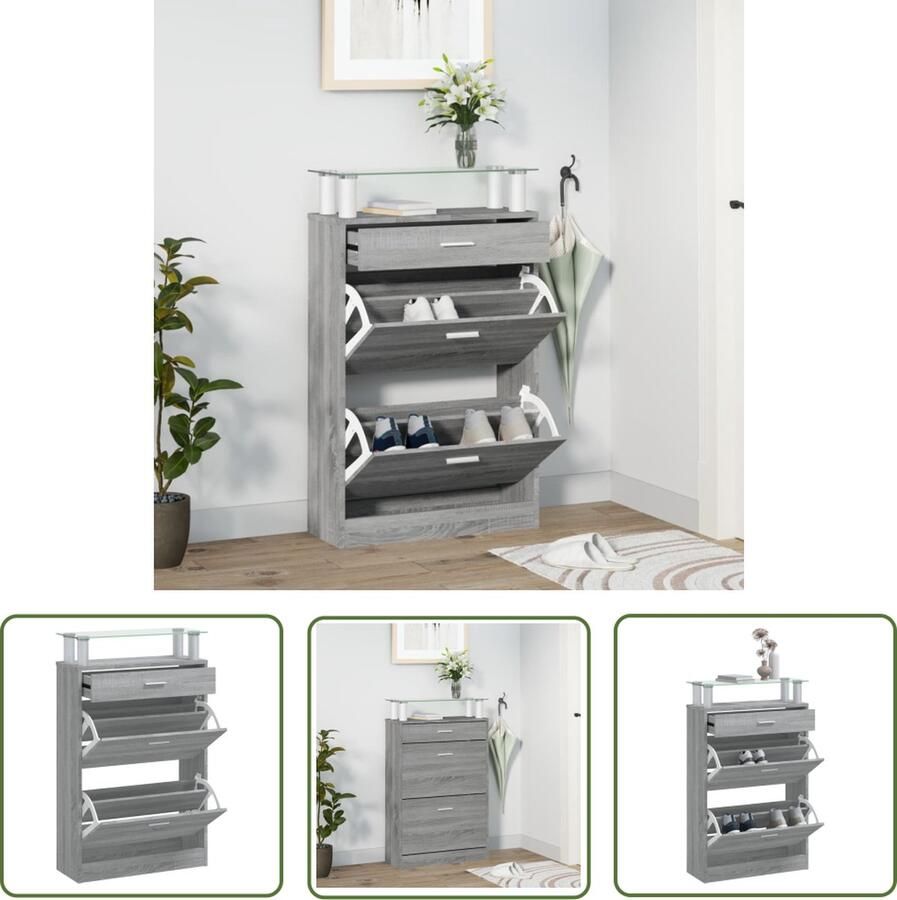 The Living Store Schoenenkast 63x24x104 cm bewerkt hout grijs sonoma eikenkleur Schoenenkast Schoenen Organisatie Bergruimte Houten Kast Grijze Kast