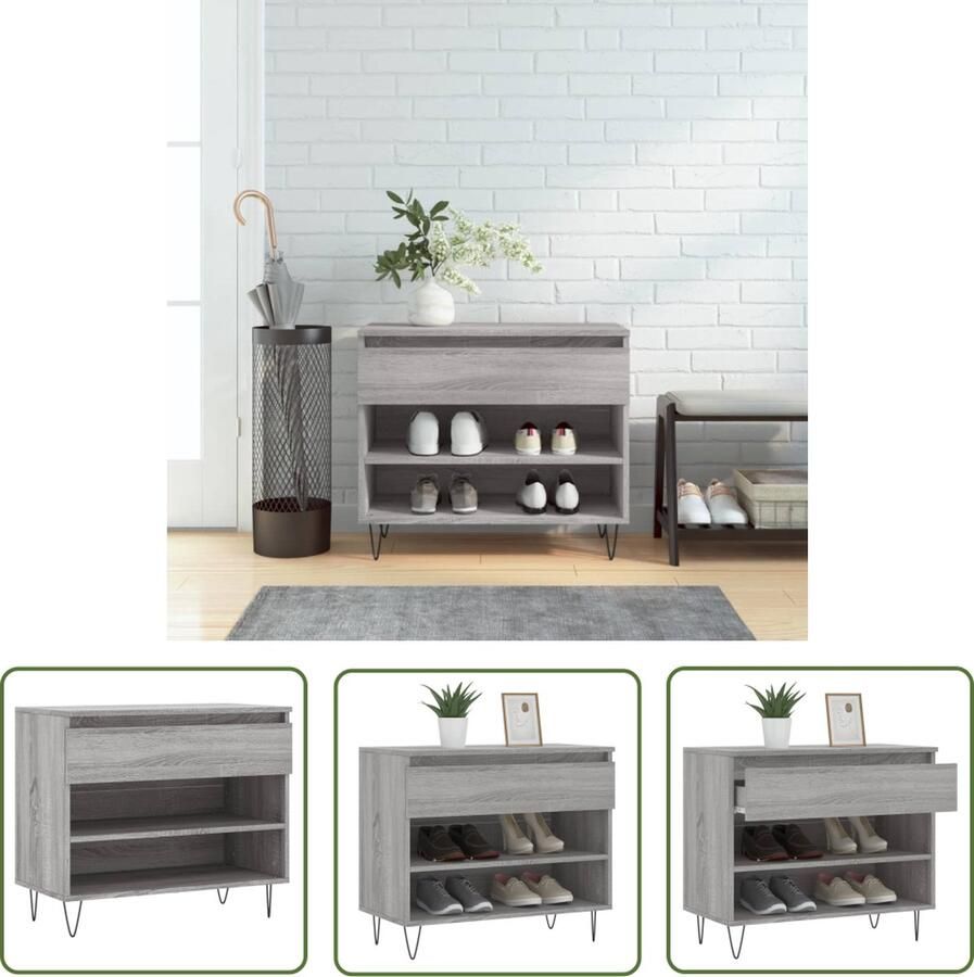 The Living Store Schoenenkast Sonoma Eiken 70 x 36 x 60 cm Met lade en 2 open vakken Schoenenkast Schoenen Organisatie Houten Schoenenkast Sonoma Eiken Schoenuitlegers