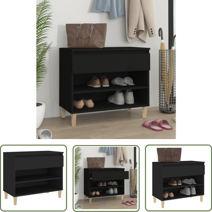 The Living Store Schoenenkast Zwart 70 x 36 x 60 cm Bewerkt hout Voldoende opbergruimte Schoenenkast Schoenen Organisatie Houten Schoenenkast Zwarte Schoenenkast Entree Kast - Foto 2