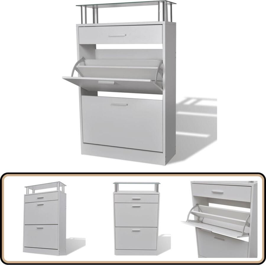 The Living Store Schoenenkast Wit 63x24x104cm Houten kast met lade en glazen schap Schoenenkast Schoenen Organisatie Witte Schoenenkast Houtsoort Bergruimte - Foto 2