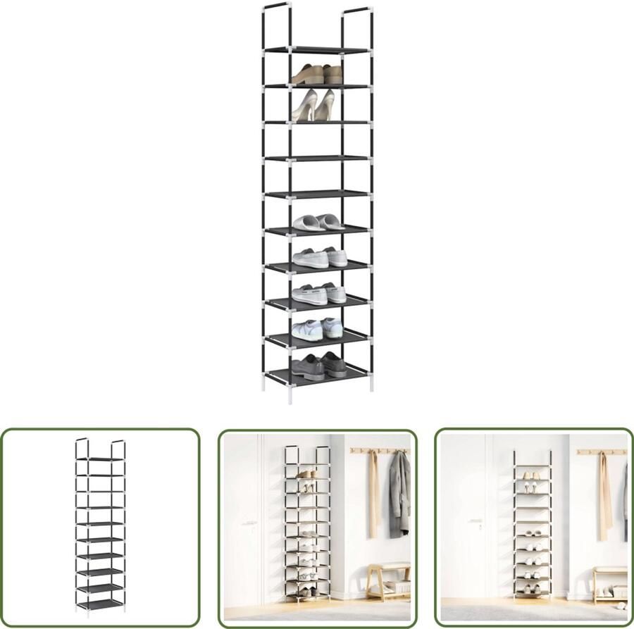 VidaXL Schoenen Organisatie Schoenenrek 10-laags 44x28x180 cm nonwoven stof zwart Schoenen Kast Entree Meubel Garderobe Organizer