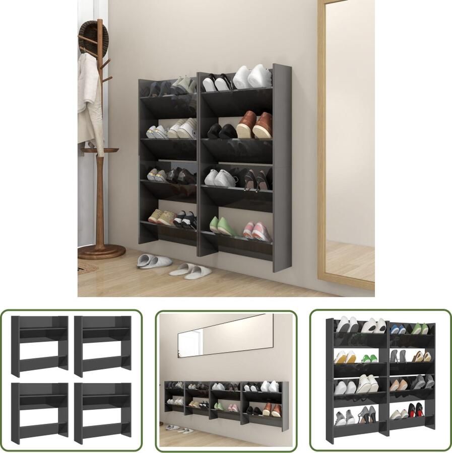 The Living Store Wand schoenenkast hoogglans grijs 60 x 18 x 60 cm 2 schappen Wand Schoenen Kast Schoenen Organizer Schoenen Rek Houten Schoenenkast Grijze Schoenenkast - Foto 2