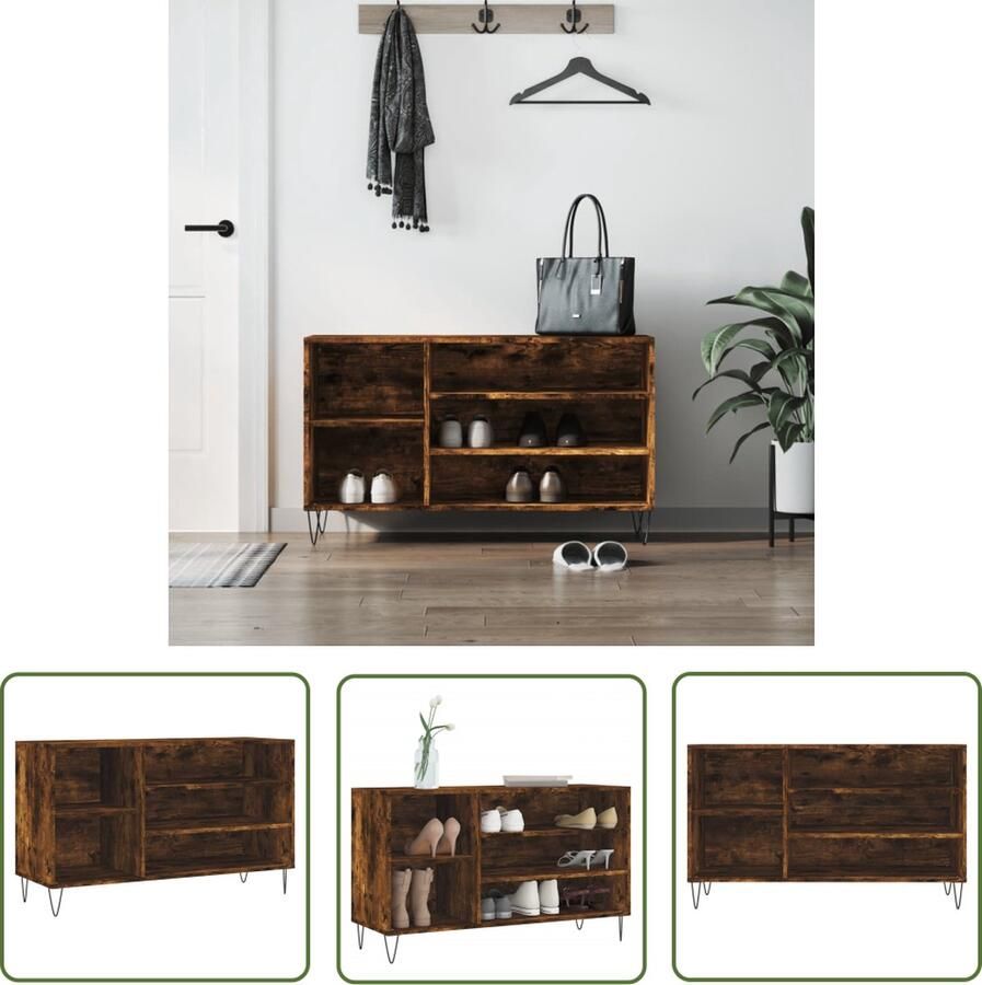 The Living Store Schoenenkast Gerookt Eiken 102 x 36 x 60 cm Bewerkt Hout en Metaal Schoenenkast Schoenen Rek Schoenuitlegger Bergruimte Kastje - Foto 2