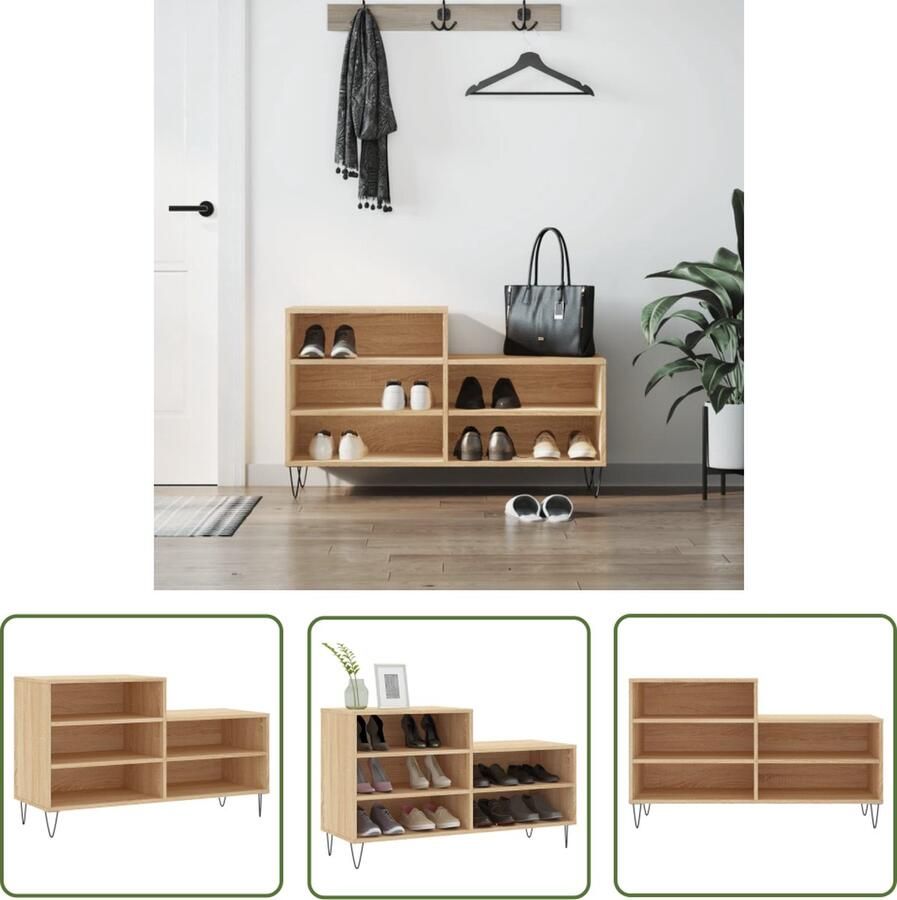 The Living Store Schoenenkast Sonoma Eiken 102 x 36 x 60cm Bewerkt Hout en Metaal Schoenenkast Schoenen Rek Houten Kast Bergruimte Organisatie