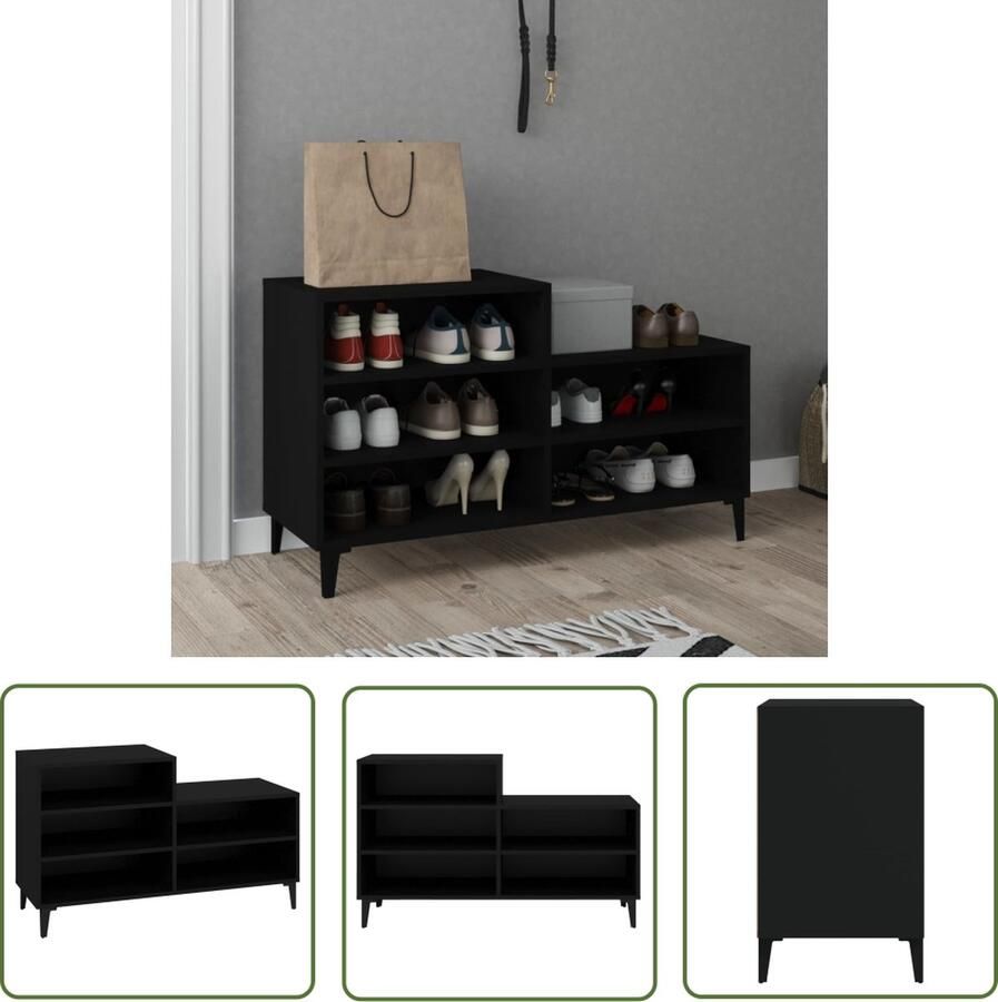 The Living Store Schoenenkast Zwart 102 x 36 x 60 cm Bewerkt Hout en Metaal Schoenenkast Schoenen Rek Houten Schoenenkast Zwarte Schoenenkast Compact Schoenenkast - Foto 2