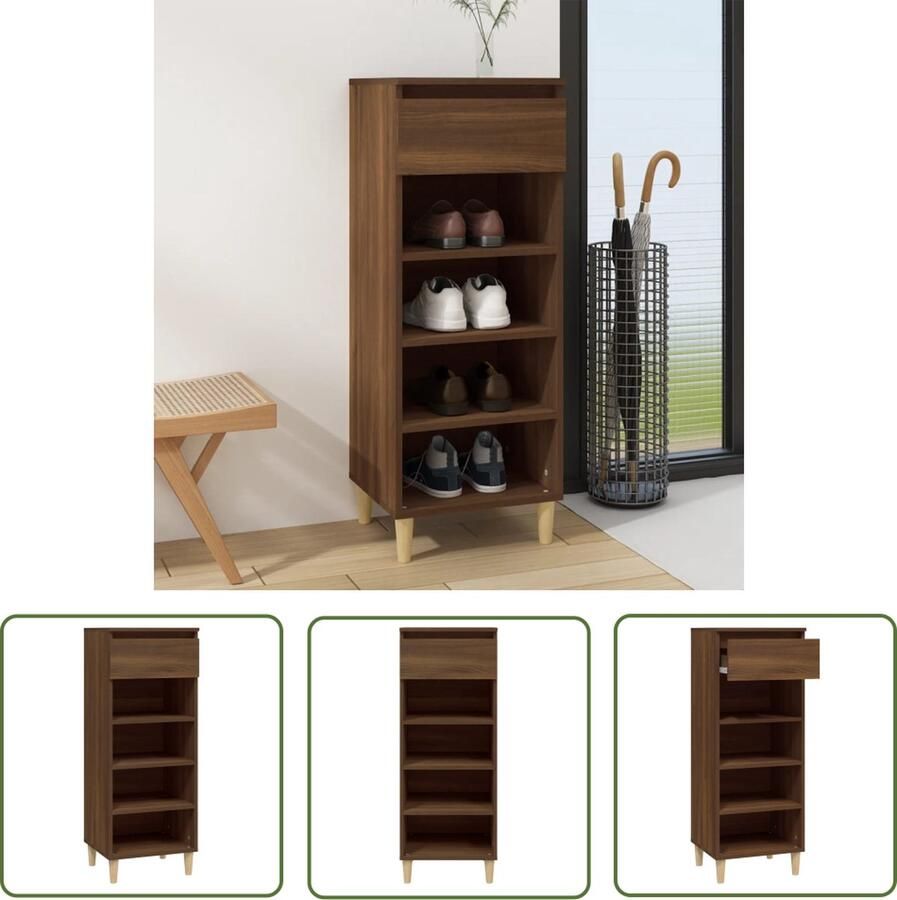 The Living Store Schoenenkast Bruineiken Compact en praktisch 40 x 36 x 105 cm Bewerkt hout en massief eucalyptushout Schoenenkast Schoenen Rek Compact Bruin Houtsoort