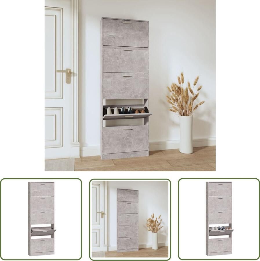 The Living Store Schoenenkast 59x17x169 cm bewerkt hout betongrijs Schoenenkast Schoenen Rek Bergruimte Entreehal Garderobe - Foto 2