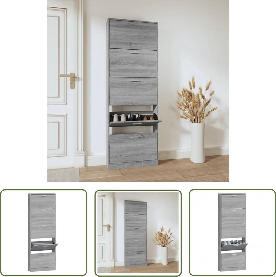 The Living Store Schoenenkast 59x17x169 cm bewerkt hout grijs sonoma eikenkleur Schoenenkast Schoenen Rek Schoenupstelling Bergruimte Kastje - Foto 2