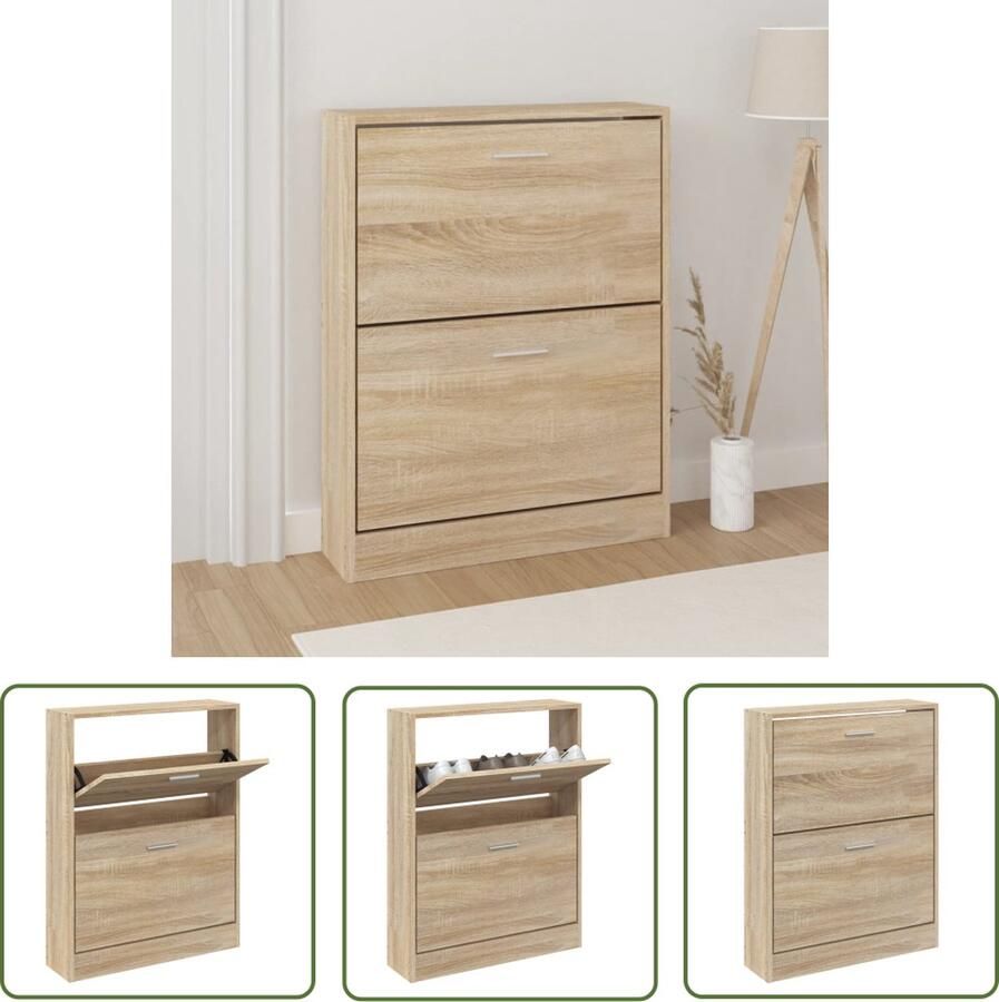 The Living Store Schoenenkast Eiken 59 x 17 x 81 cm Neerklapbare lades Schoenenkast Schoenen Rek Bergruimte Kastje Interieurdecoratie - Foto 2
