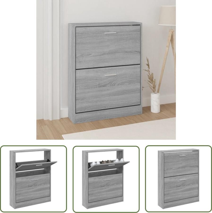 The Living Store Schoenenkast Grijs Sonoma Eiken 59 x 17 x 81 cm (B x D x H) 2 Lades Schoenenkast Schoenen Rek Bergruimte Kastje Interieurdecoratie - Foto 2