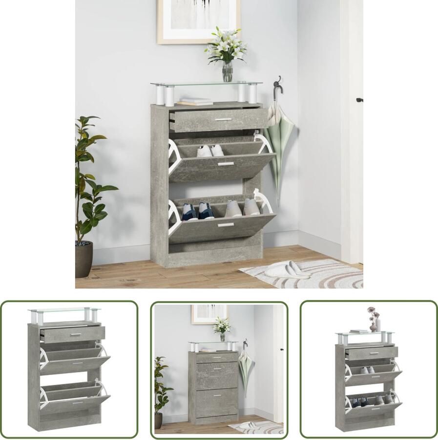 The Living Store Schoenenkast Betongrijs 63 x 24 x 104 cm 3 lades neerklapbaar hoogwaardig materiaal Schoenenkast Schoenen Rek Bergruimte Entreehal Livingroom