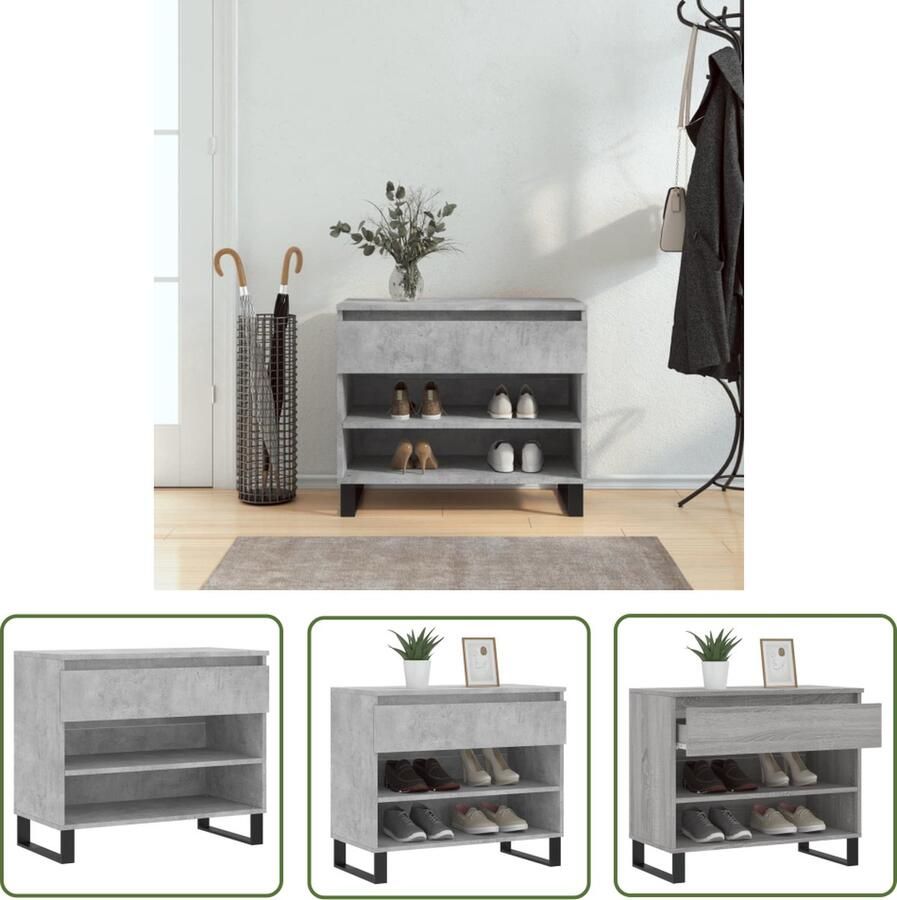 The Living Store schoenenkast betongrijs 70x36x60 cm bewerkt hout en metaal Schoenenkast Schoenen Rek Schoenuitlegger Bergruimte Kastje