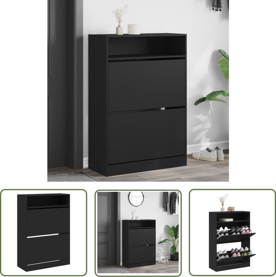 The Living Store Schoenenkast Zwart Bewerkt Hout 80 x 34 x 116 cm Ruimtebesparend Trendy Design Schoenenkast Schoenen Rek Zwarte Schoenenkast Houten Schoenenkast Ruime Schoenenkast