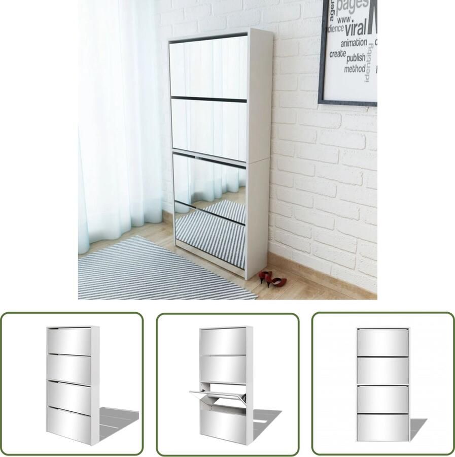 The Living Store Schoenenkast met spiegel 63x17x134 cm 4 pull-down lades Wit Bewerkt hout en spiegel Schoenenkast Schoenen Rek Entree Meubilair Wandcloset Bergruimte - Foto 2
