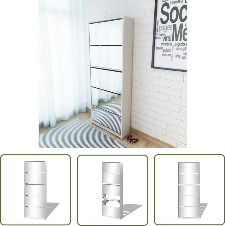 The Living Store Spiegelschoenenkast Halkast 5 lades Wit 63x17x169.5cm Schoenenkast Schoenen Rek Hallkast Wandcloset Bergruimte - Foto 2