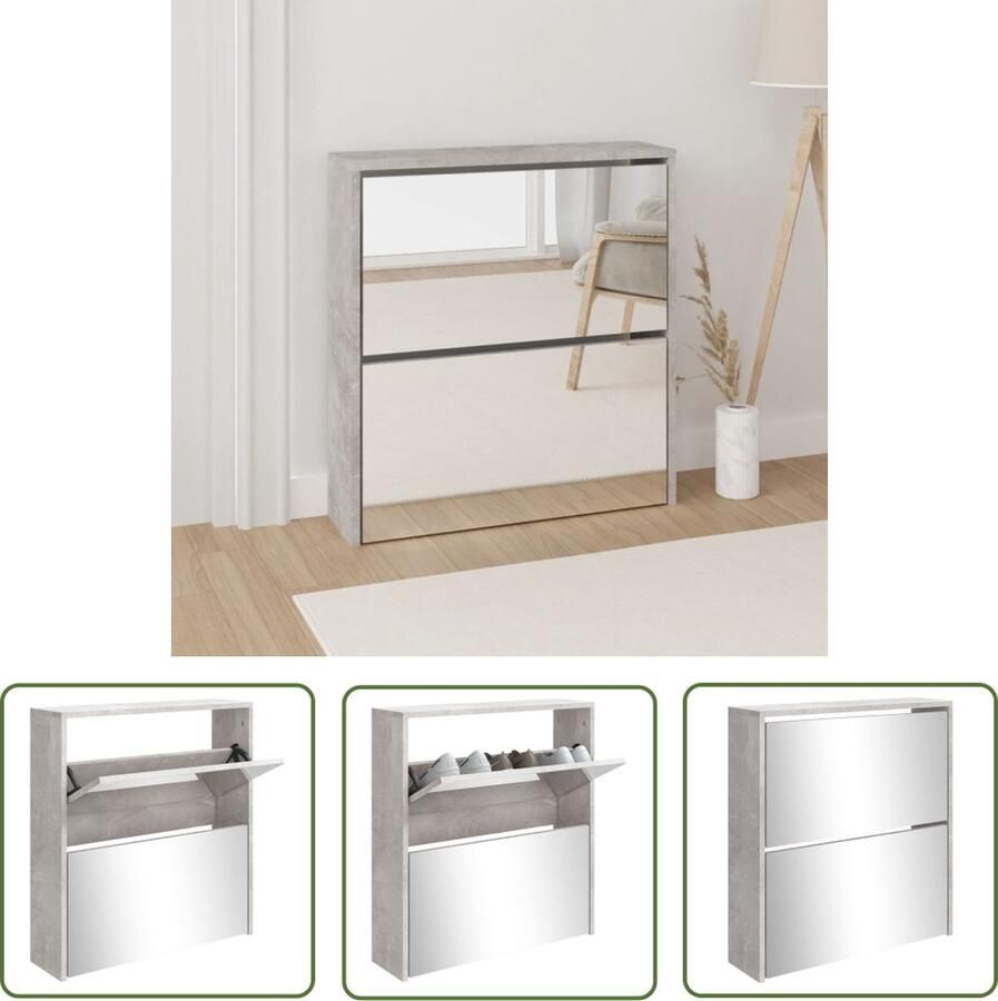 The Living Store Schoenenkast met spiegel 2-laags 63x17x67 cm betongrijs Schoenenkast Schoenen Rek Bergruimte Schoenen Organisatie Schoenen Betongrijs - Foto 2