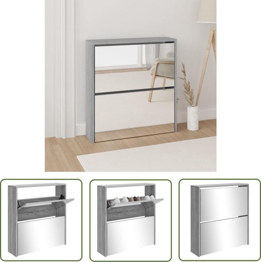 The Living Store Schoenenkast met spiegel 2-laags 63x17x67 cm grijs sonoma Schoenenkast Schoenen Rek Bergruimte Schoenen Organisatie Schoenen Kast Schoenen
