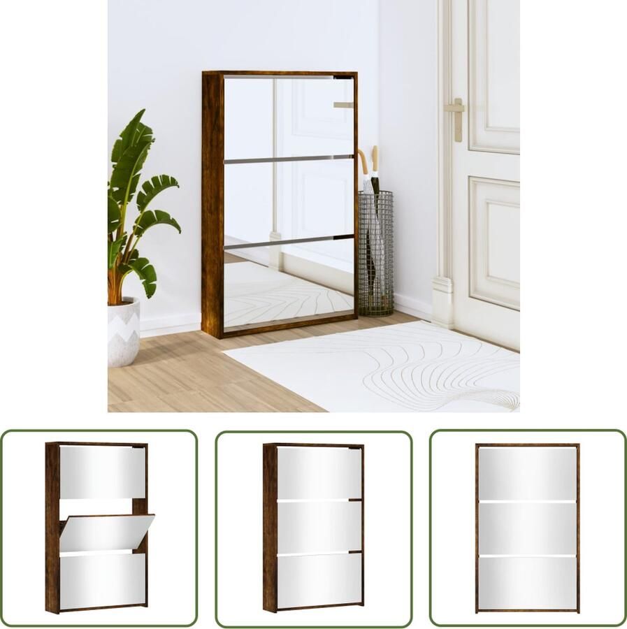 The Living Store Schoenenkast met spiegel 3-laags 63x17x102 5 cm gerookt eiken Schoenenkast Schoenen Rek Bergruimte Schoenen Organisatie Schoenen Kast Schoenen - Foto 2