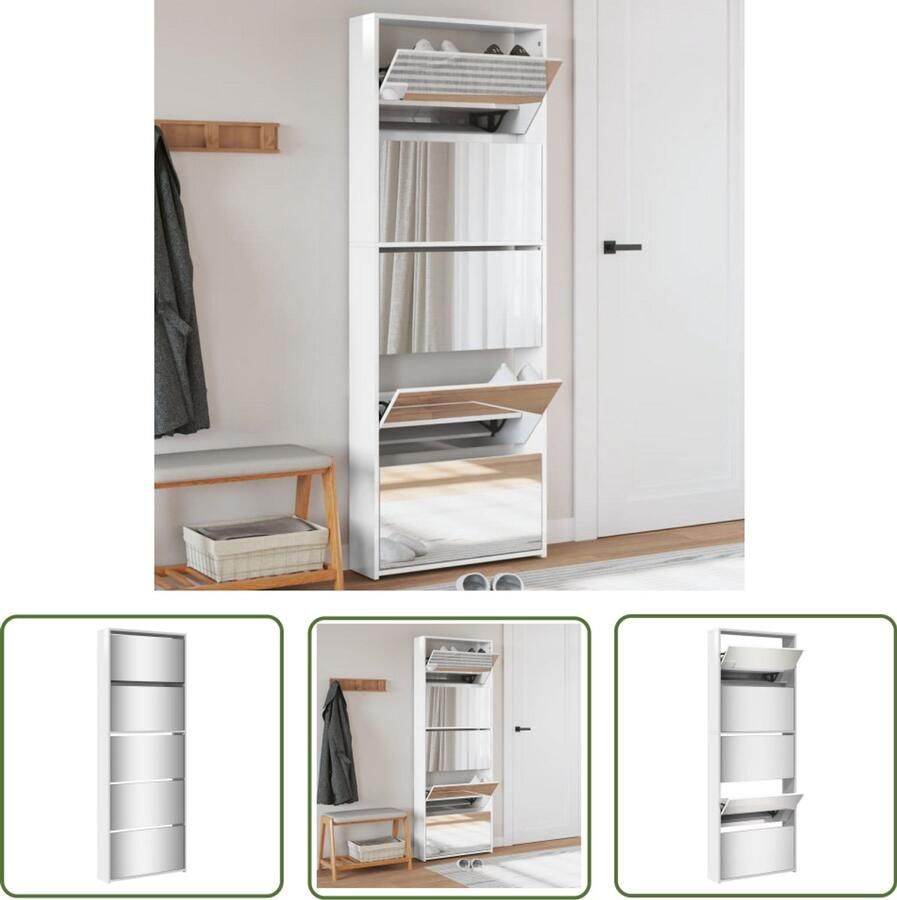 The Living Store Schoenenkast met spiegel 5-laags 63x17x169 5 cm hoogglans wit Schoenenkast Schoenen Rek Witte Schoenenkast Hoogglans Witte Schoenenkast Bergruimte