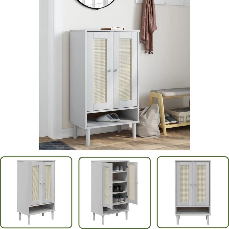 The Living Store SENJA Schoenenkast 59.5 x 35 x 107 cm Massief grenenhout met uv-vernis en poly rattan Wit Schoenenkast Schoenen Rek Houten Kast Garderobe Bergruimte