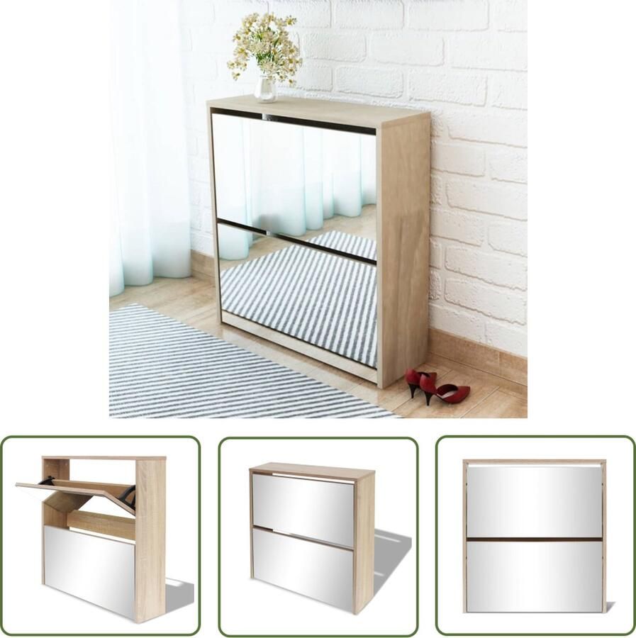 The Living Store Schoenenkastje met spiegel Modern Meubilair Afmeting 63 x 17 x 67 cm Kleur eiken Materiaal bewerkt hout en spiegel Schoenenkast Schoenen Rek Entree Kast Spiegelkast Bergruimte - Foto 2