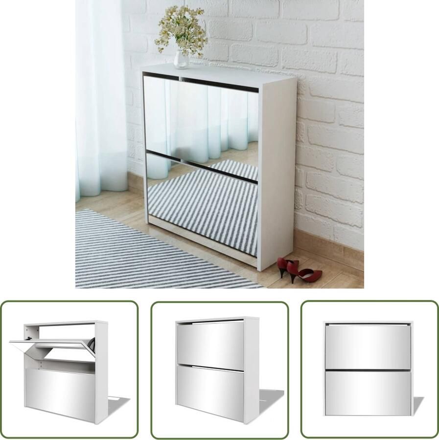 The Living Store Spiegelschoenenkast Schoenenopberger 63x17x67 cm Wit Schoenenkast Schoenen Rek Entree Meubilair Spiegelschoenendoos Organisatie - Foto 2