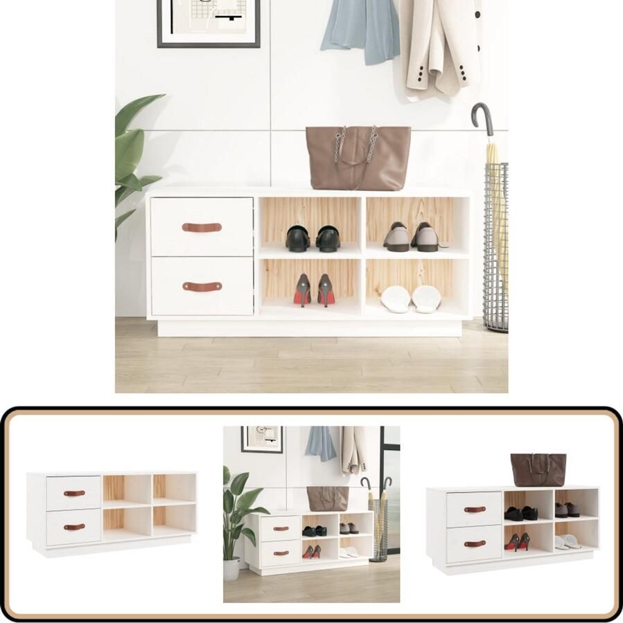 VidaXL Schoenenbank 100x34x45 cm Grenenhout Wit Schoenenkast Benk Met Lade Entree Meubilair Opbergmeubel Schoenuitlegger Grenoble Hout Witte Kast