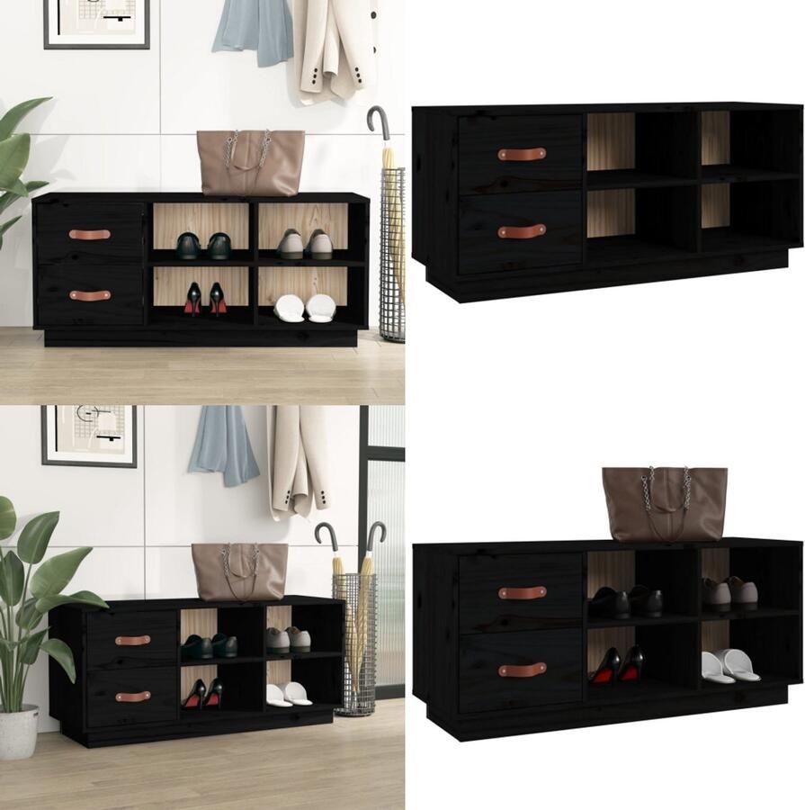 VidaXL Schoenenbank 100x34x45 cm massief grenenhout zwart Schoenenbank Schoenenbanken Opbergbank Schoenenkast