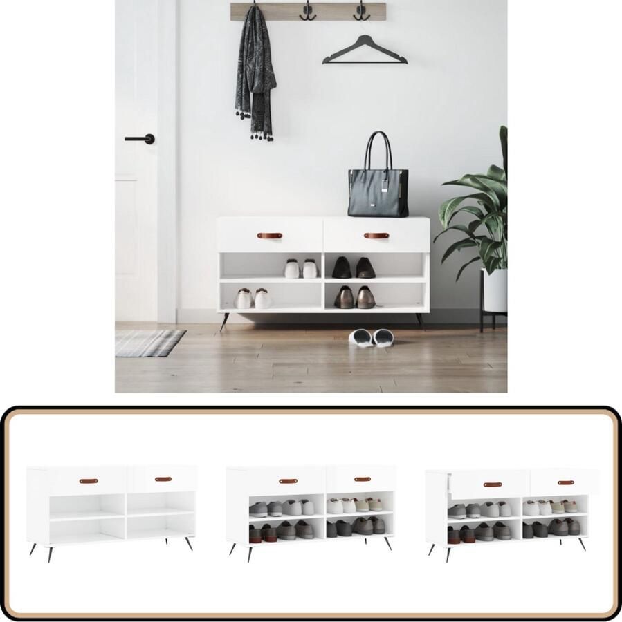 VidaXL Schoenenbank 102x35x55 cm Hoogglans wit Schoenenbank Schoenenkasten Opbergbank Schoenuitlegger Inbouwsysteem Kastje Bergruimte Witte Bank Houten Bank
