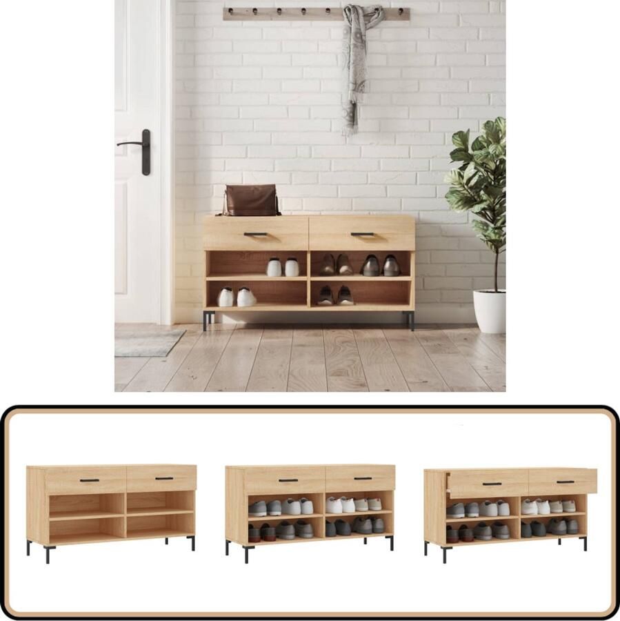 VidaXL Schoenenbank 102x35x55 cm Sonoma eiken Schoenenbank Schoenenkasten Opslagruimte Organisatie Entreehal Woonkamer Industrieel Design Bruine Kleur