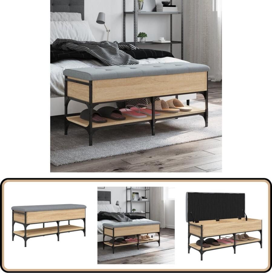 The Living Store Schoenenbank 102x42x45 cm bewerkt hout sonoma eikenkleurig Schoenenbankje Schoenenbankjes Halbankje Opbergbankje